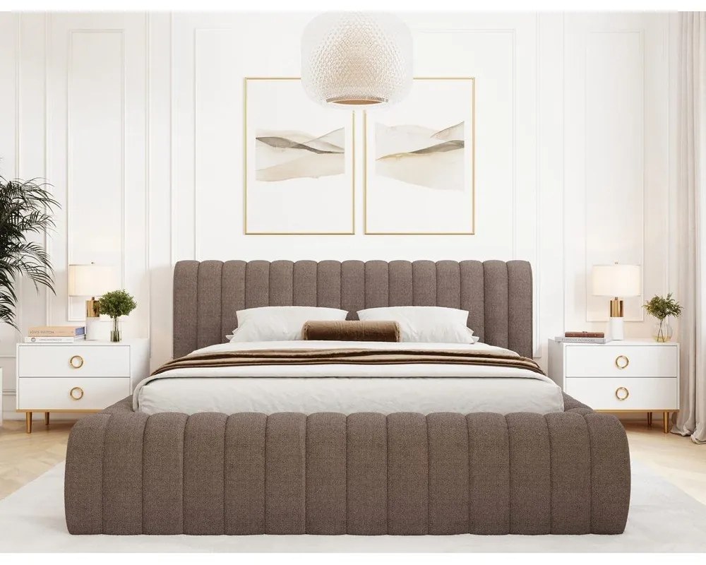 Barna kárpitozott ágyneműtartós franciaágy ágyráccsal 140x200 cm Carilla – ELTAP