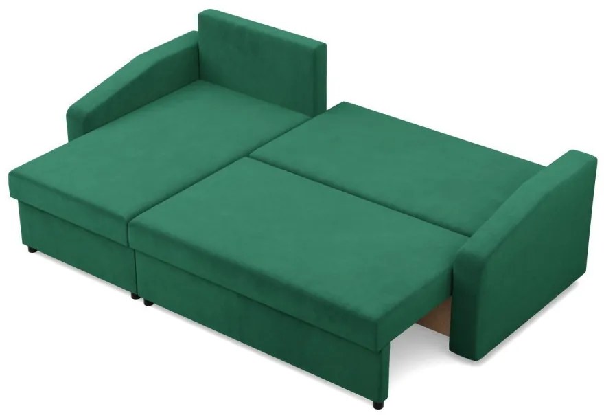 Zeus sarokkanapé, 2 ágyneműtartóval, döntött kartámasz, bársony, univerzális oldal, hab töltet, zöld