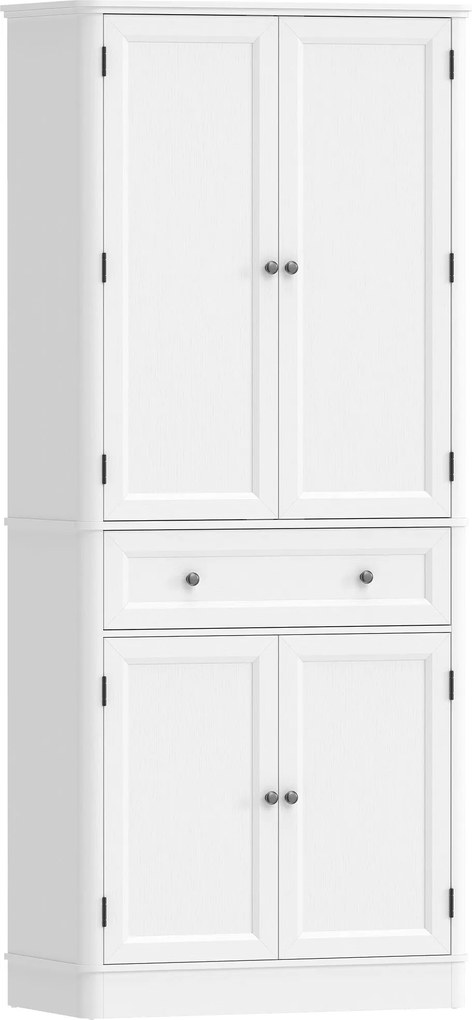 HOMCOM 186,4 cm magas konyhaszekrény, 4 ajtós tálalószekrény fiókkal és állítható polcokkal, fehér – 80 x 39,5 x 186,4 cm | Aosom