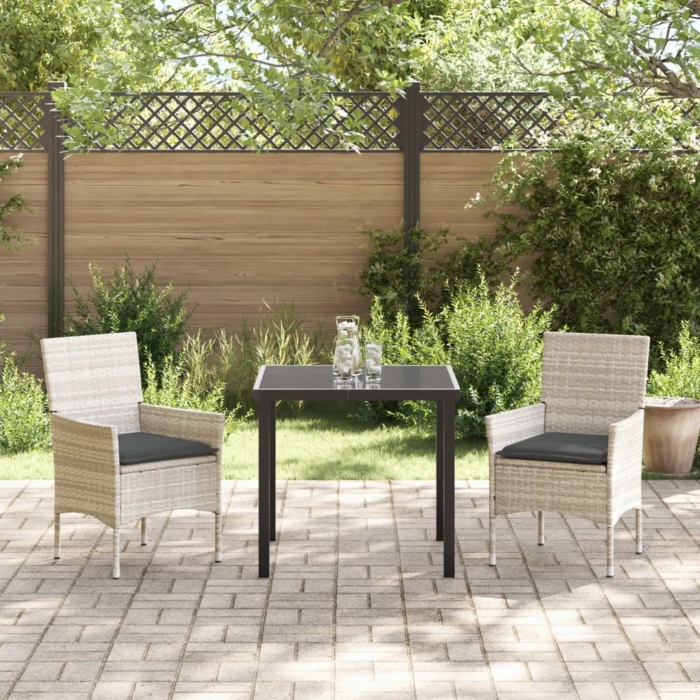 3 Részes Kert Étkező Szett Párnákkal Világosszürke Műanyag Rattan, Kert Asztal Fekete 80x80x73 cm Edzett Üveg