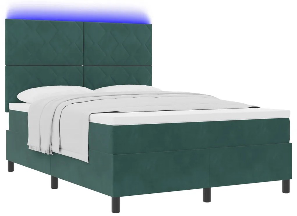 Boxspring Ágy Mattal & LED Sötét Zöld 140x200 cm Bársony