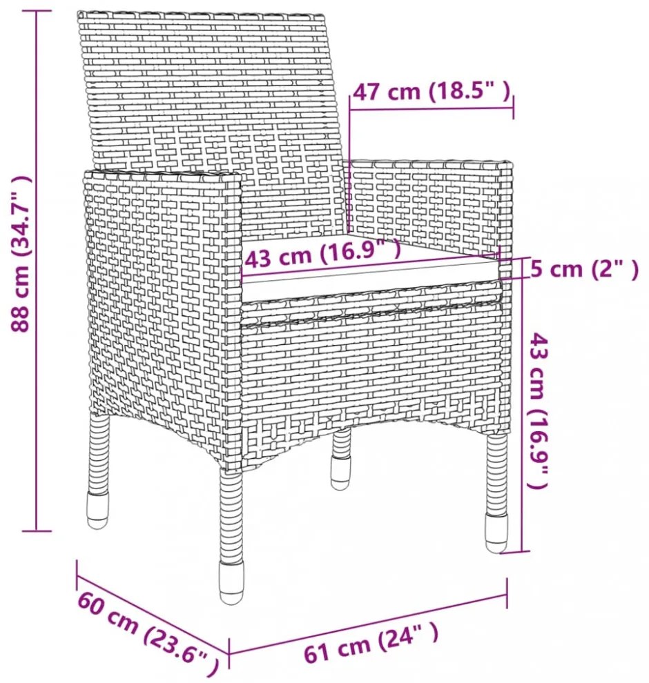 vidaXL 3 részes polyrattan és üveg kerti étkezőgarnitúra párnákkal