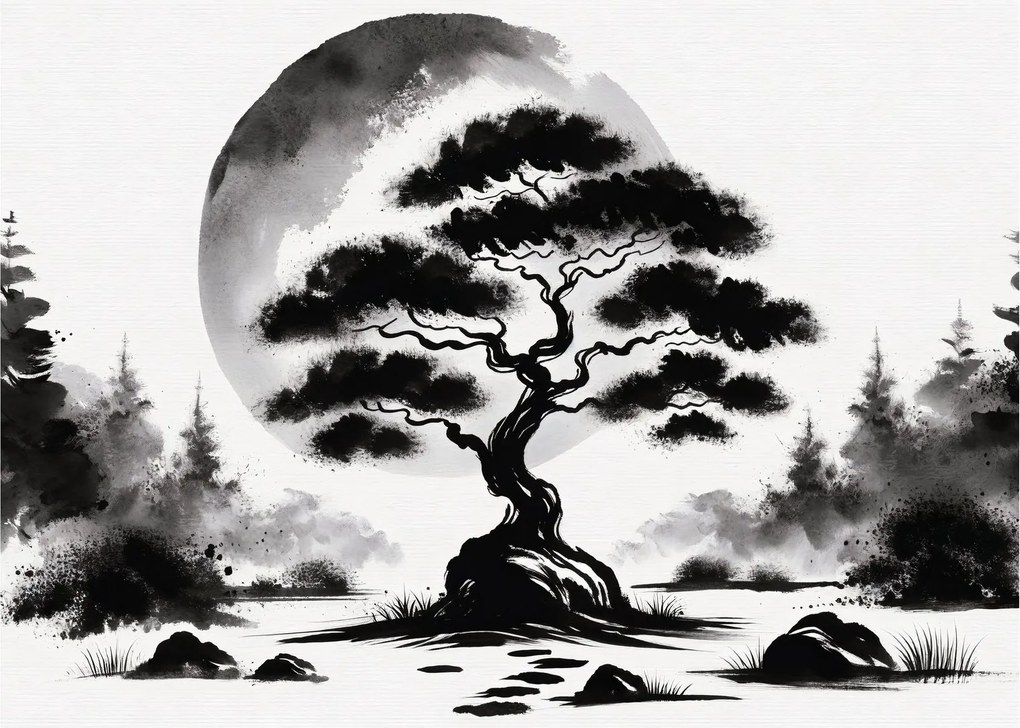 Üveg kép – Fekete-fehér bonsai (70x50 cm)