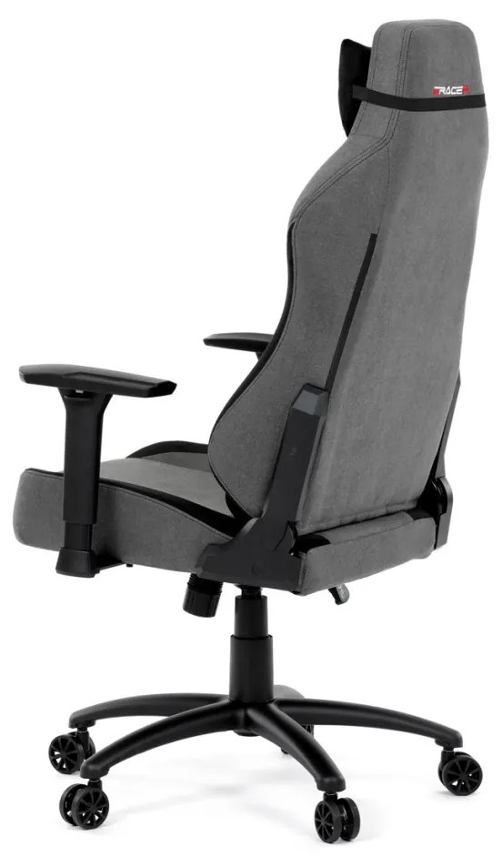Scaun pivotant pentru gamer, țesătură gri, structură balansoar, poziționare spătar 90°-180°, cotiere 3D, spumă cu memorie și perne