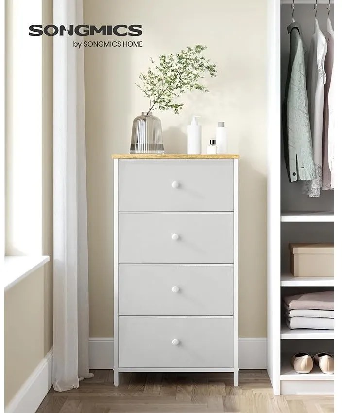 Tároló szekrény négy fiókkal, ruhás szekrény, fehér és tölgy 80x30x85cm