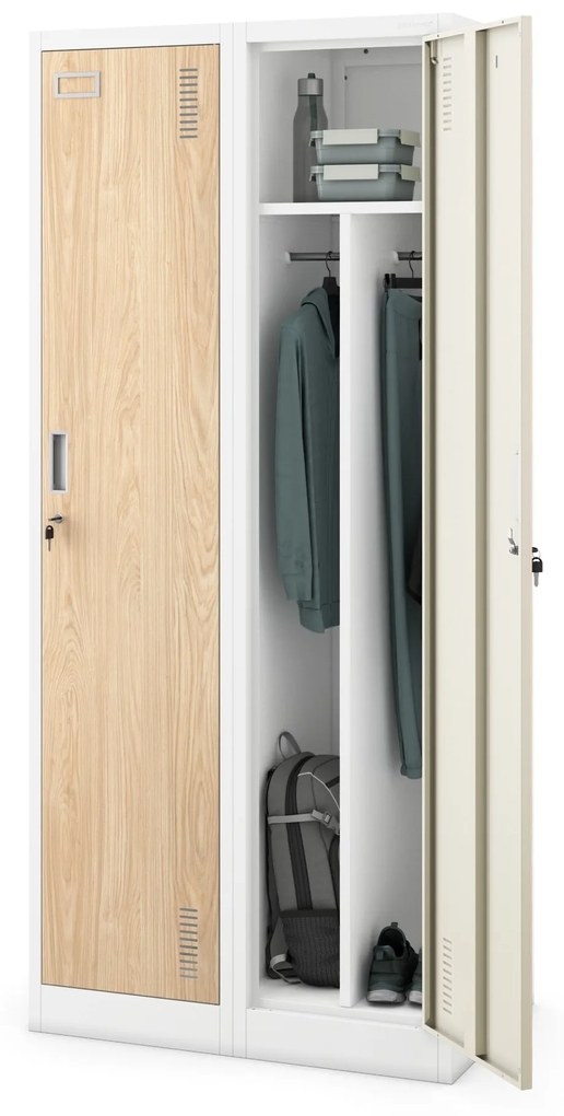 Pléh öltözőszekrény talpazaton, négymodulos, polcokkal, KACPER II, 800 x 1800 x 500 mm, Eco Design: fehér/ sonoma tölgy