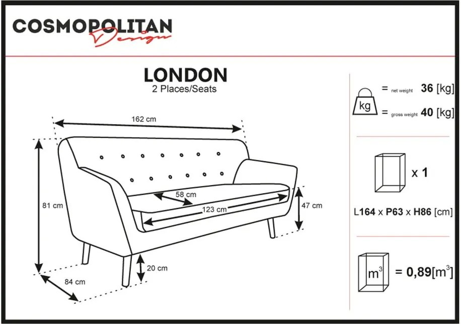 London türkizkék kanapé, 162 cm - Cosmopolitan design
