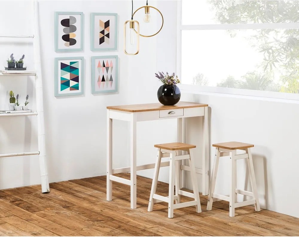 Caya fehér bárasztal 2 db székkel, tömör borovi fenyőből - Marckeric