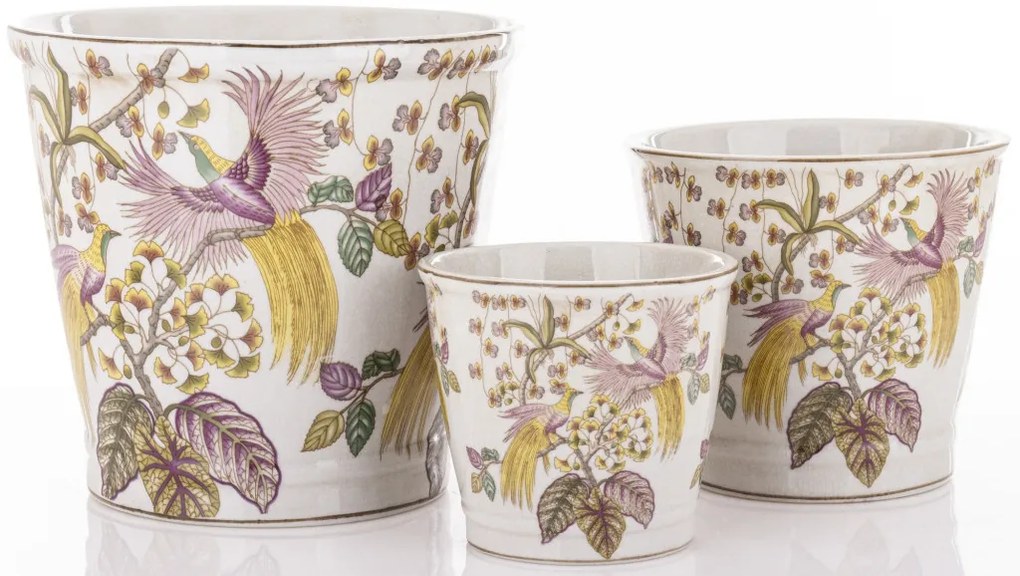 Törtfehér vintage szögletes porcelán 3db-os virágtartó kaspó szett pávákkal festve 12x13,5x13,5 / 16x17,5x17,5 / 21x23x23cm