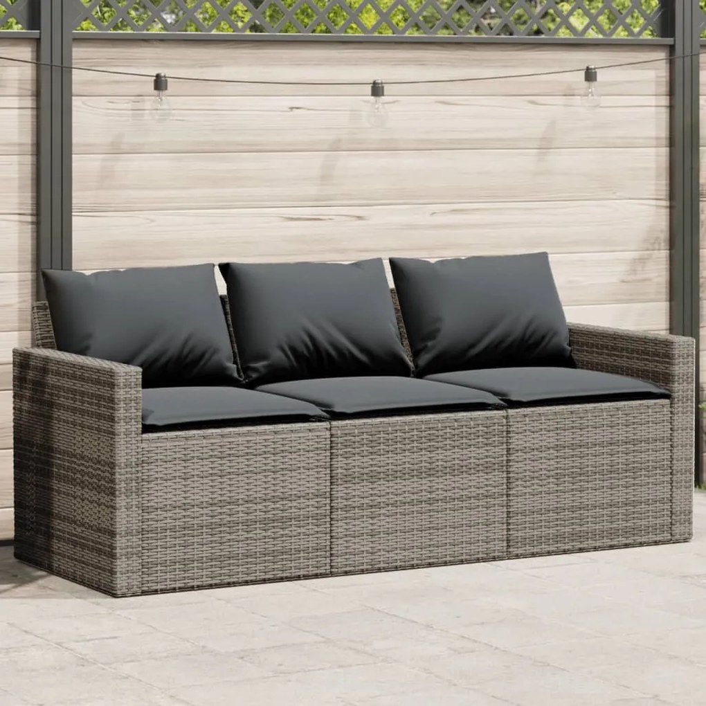 3 személyes szürke polyrattan kerti kanapé párnával