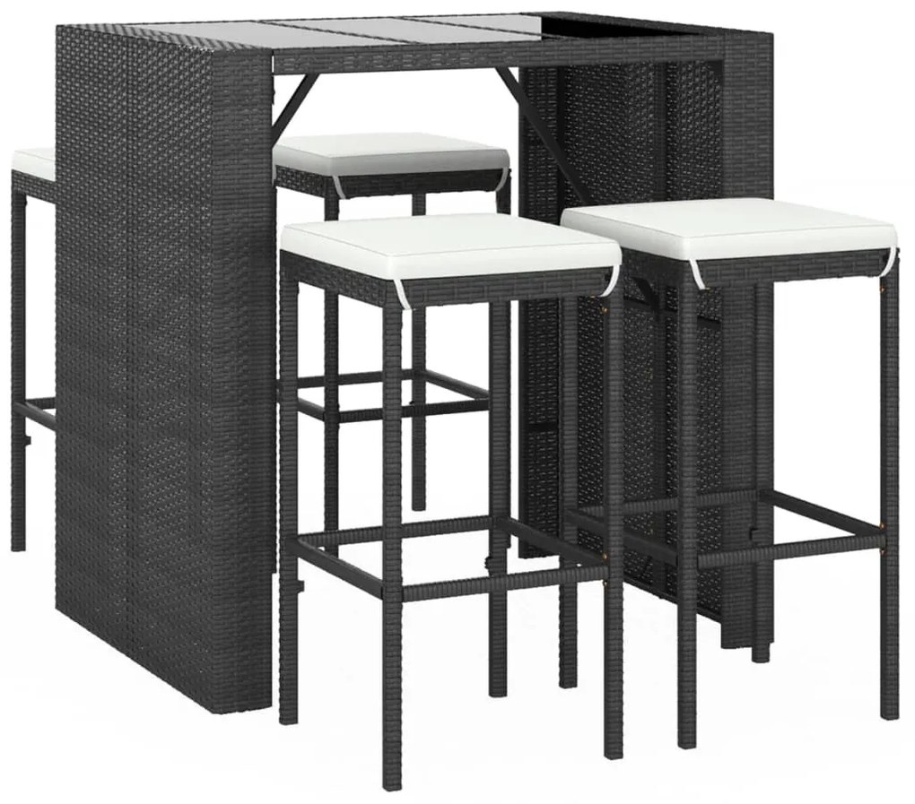 5 részes fekete polyrattan kerti bárszett párnával