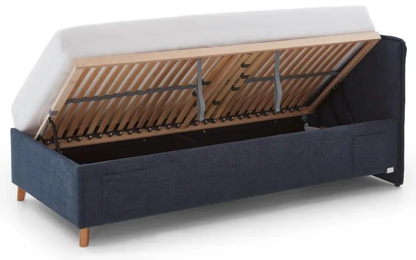 Sötétkék kárpitozott ágyneműtartós gyerekágy ágyráccsal 140x200 cm Fun – Meise Möbel