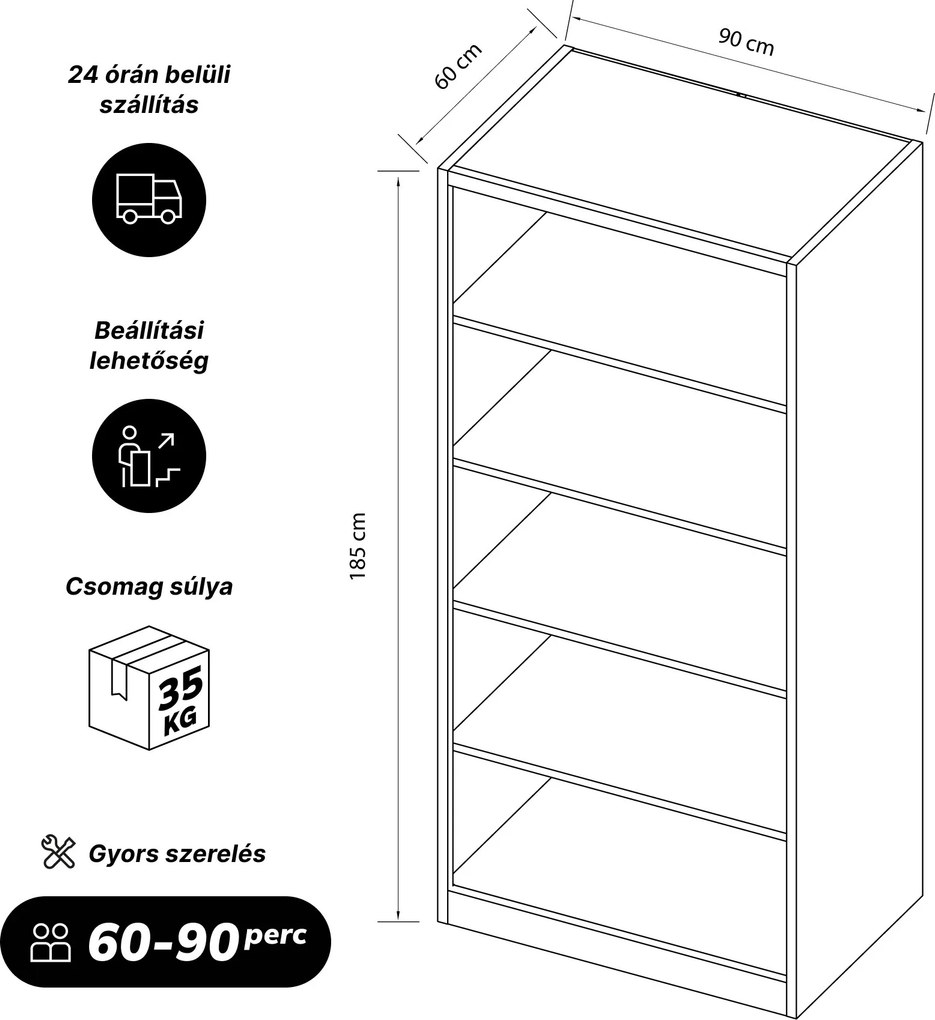 Fém irodai polc, csavarozott, zárt hátlap, fekete, 900x1850x600 mm: RUFUS