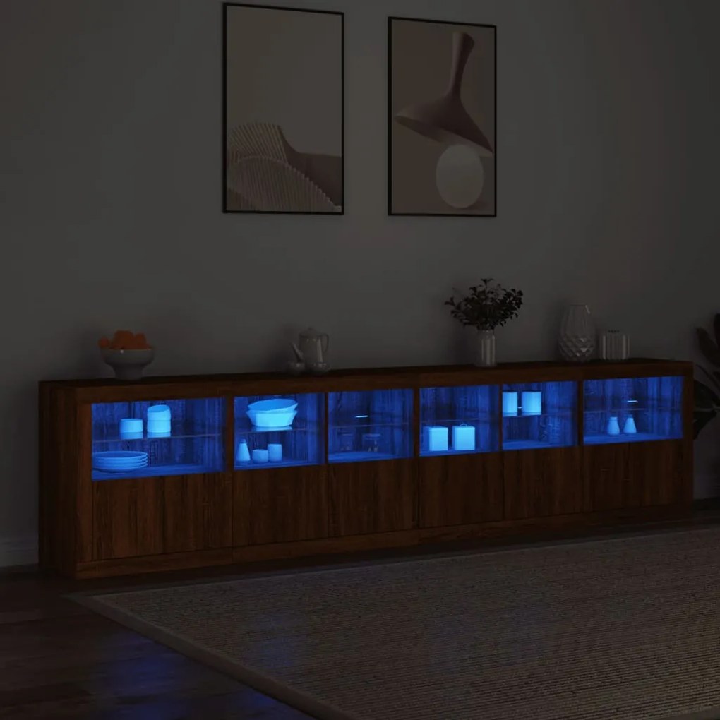 barna tölgy színű tálalószekrény LED-ekkel 283x37x67 cm