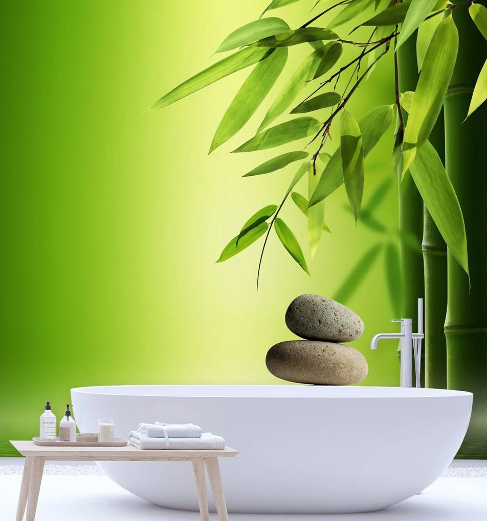 Gario Fotótapéta Bambusz levelek zöld háttérrel Anyag: Vlies, Méret: 150 x 150 cm