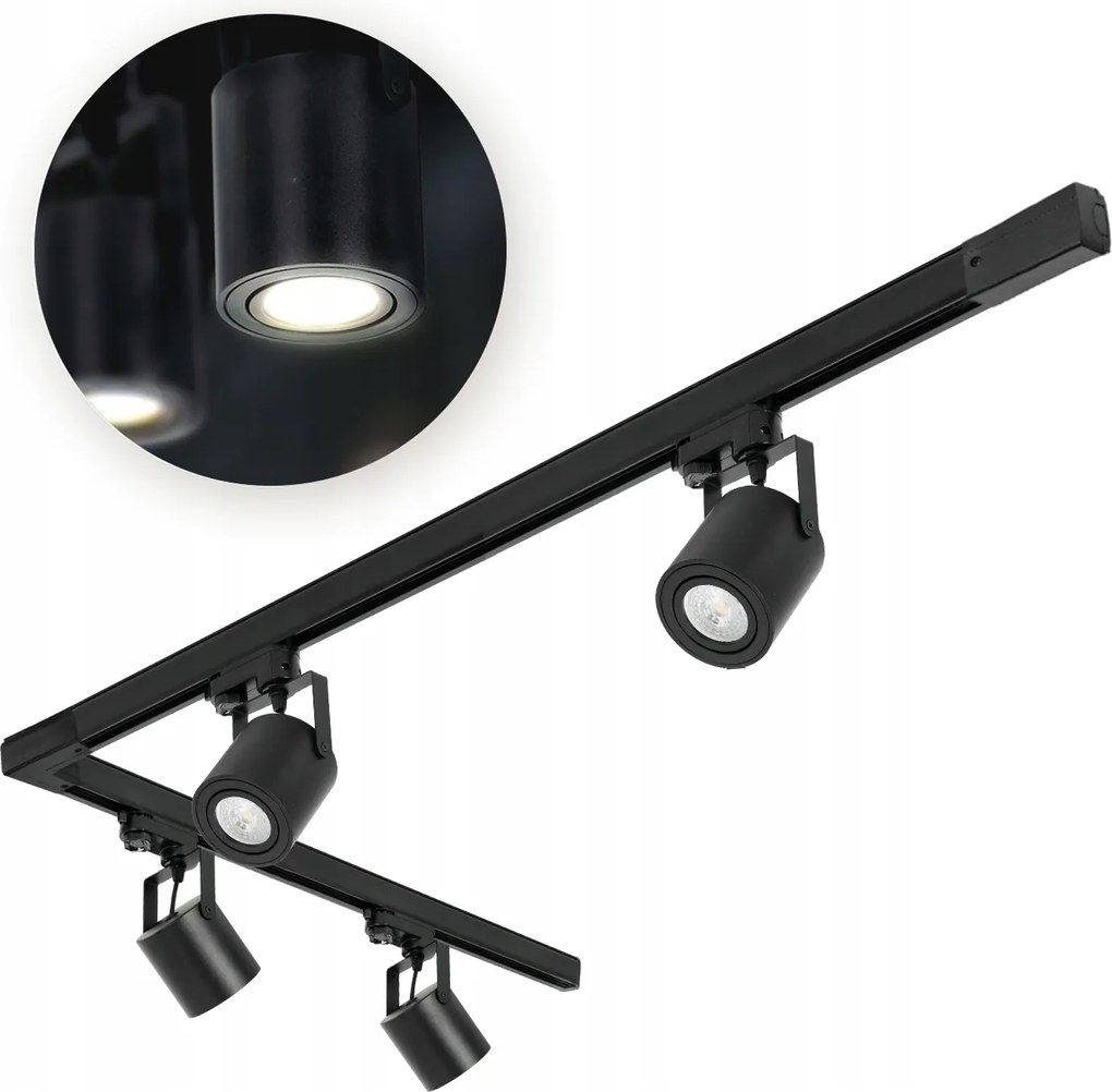 Sín szett Fekete 3 fázisú 4x Reflektor GU10 Sín 1m+2m Csatlakozó L