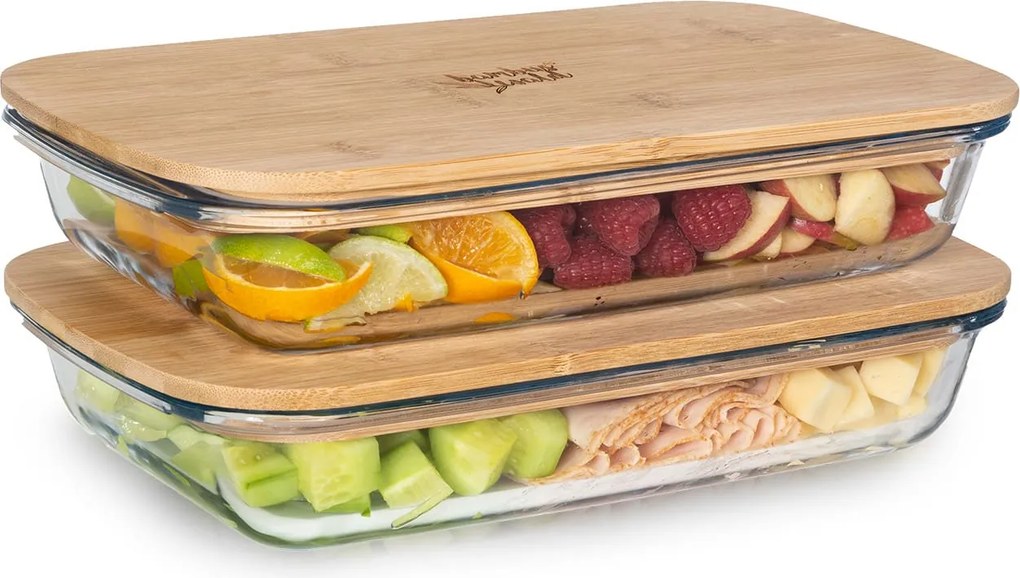Klarstein Tízórai doboz zárható fedéllel, 1,6 L, 2 darabos készlet, hőálló, üveg, bambusz