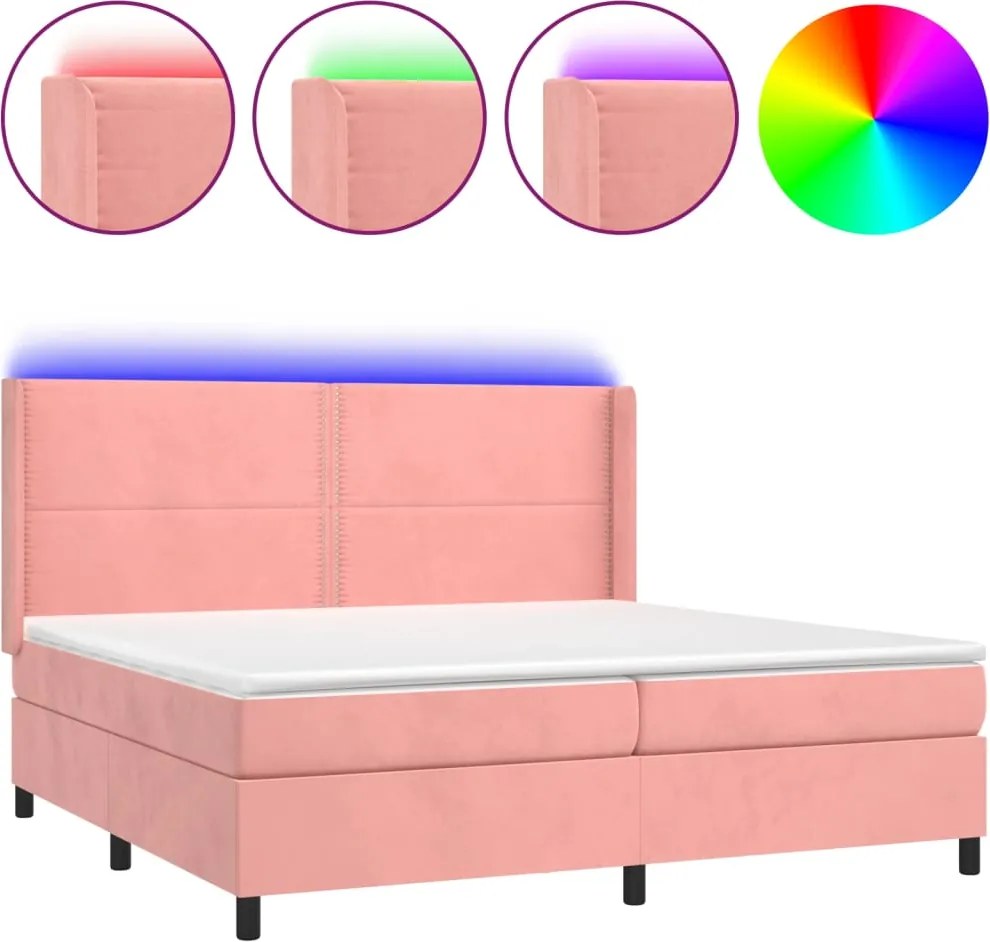 vidaXL rózsaszín bársony rugós és LED-es ágy matraccal 200x200 cm