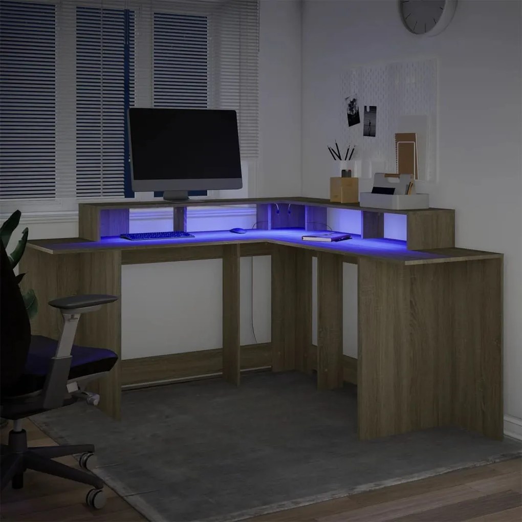 sonoma tölgy színű szerelt fa íróasztal LED-ekkel 152x152x91 cm