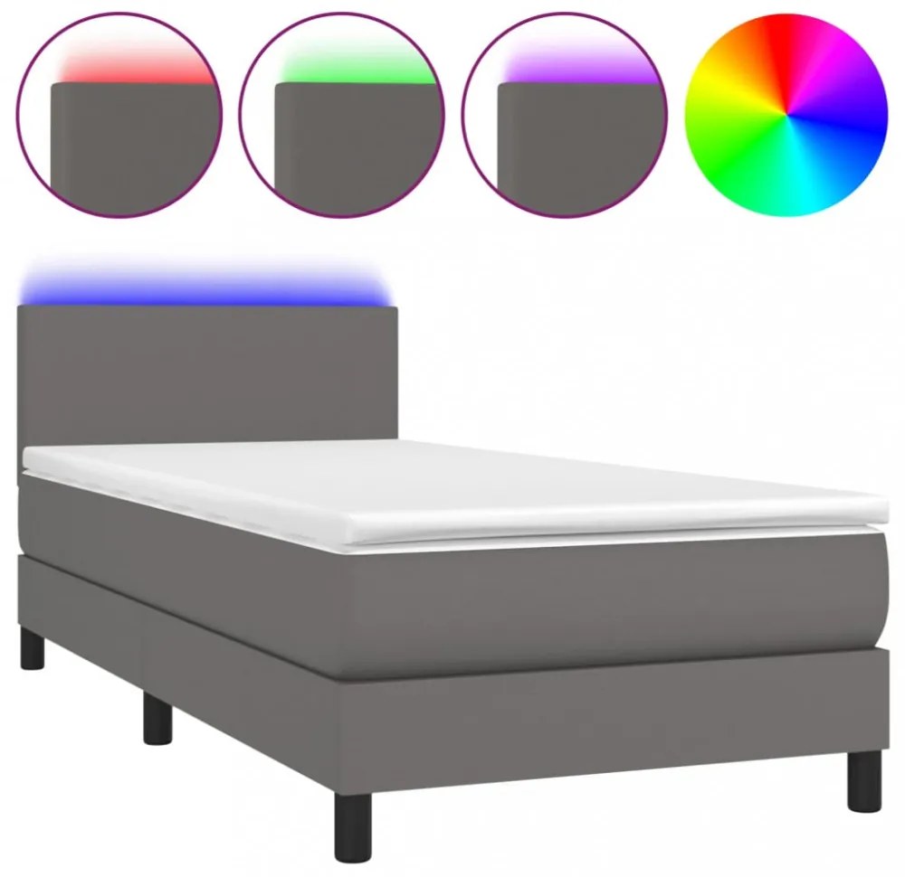szürke műbőr rugós ágy matraccal és LED-del 80 x 200 cm