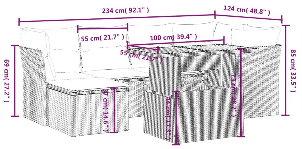 7 részes fekete polyrattan kerti ülőgarnitúra párnával