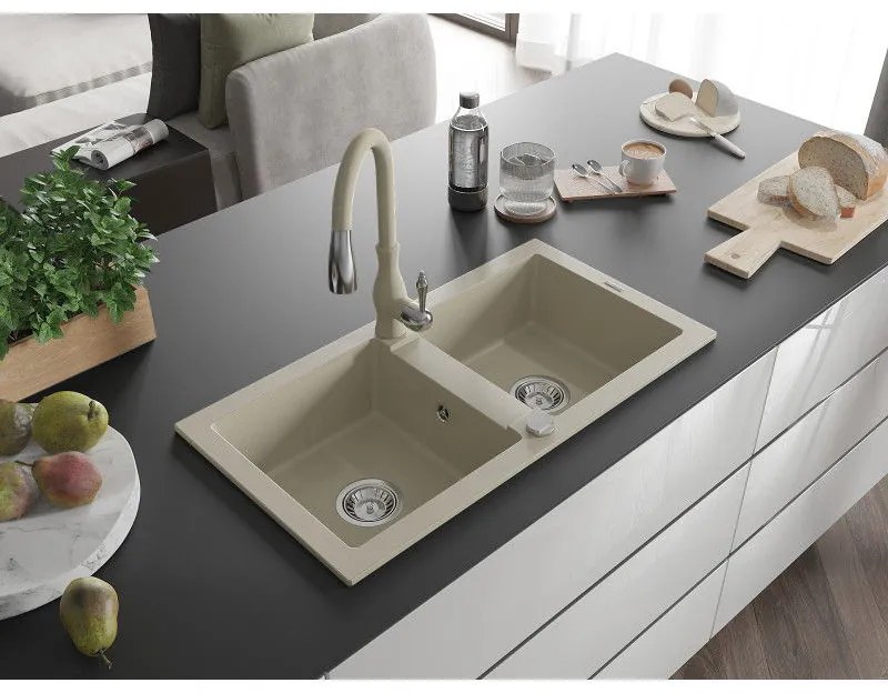Mexen Mario, 2 kamrás gránit mosogató 820x436x161 mm és Savita mosogató csaptelep, bézs, 6504-69-672601-69