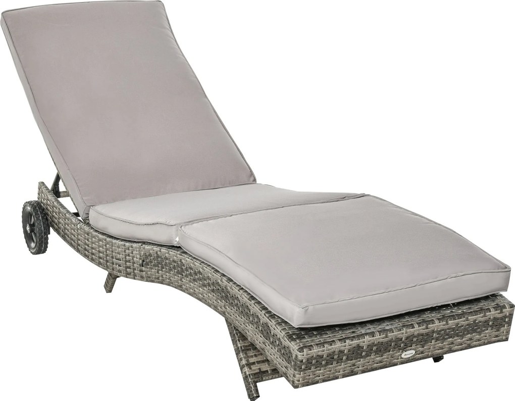 Outsunny Rattan Dönthető Kerti Fekvőágy S-Formájú Két Kerekével, 5 Fokozatban Állítható Hátmasszázs, Levehető Párnázattal teraszra 207x70x70 cm Világo