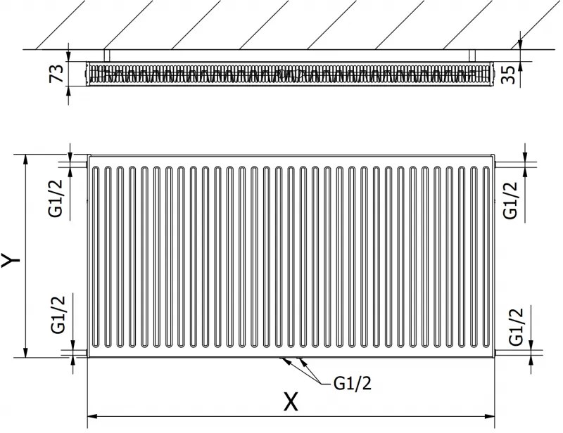 Mexen CC21, panelradiátor 600 x 2000 mm, alsó középső csatlakozás, 2564 W, fehér, W6C21-060-200-00