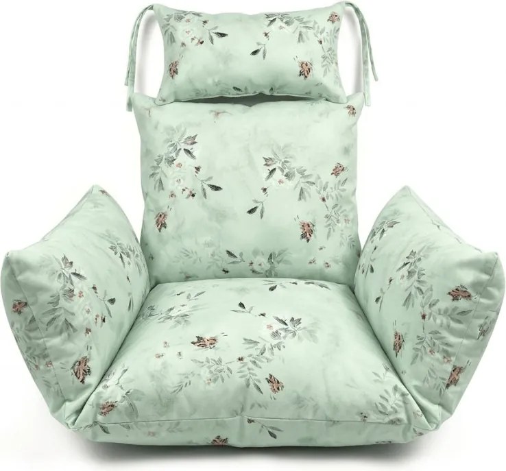 Fehér függő szék KOKON állvánnyal, világoszöld mintás párnával