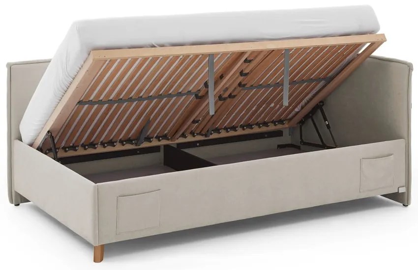 Bézs kárpitozott ágyneműtartós sarok gyerekágy ágyráccsal 90x200 cm Fun – Meise Möbel