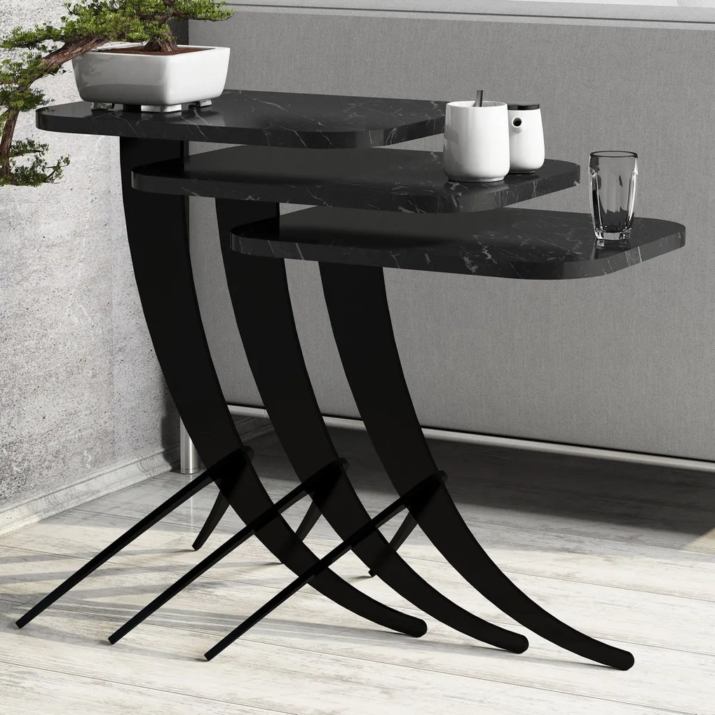 Pion Black Marble tárolóasztal, 3 db