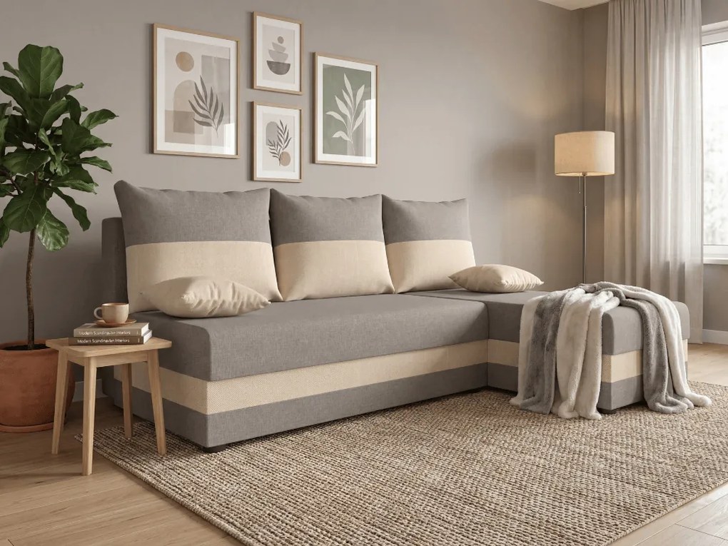 Ágyazható, kétoldalas L alakú kanapé VALERIO SLIM 200x140 cm, világosszürke/bézs színű + 2 db díszpárna INGYEN