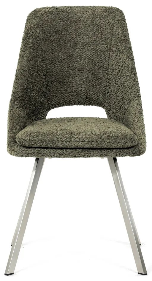 Scaun de sufragerie modern, tapițerie din material verde, picioare metalice, oțel inoxidabil periat.