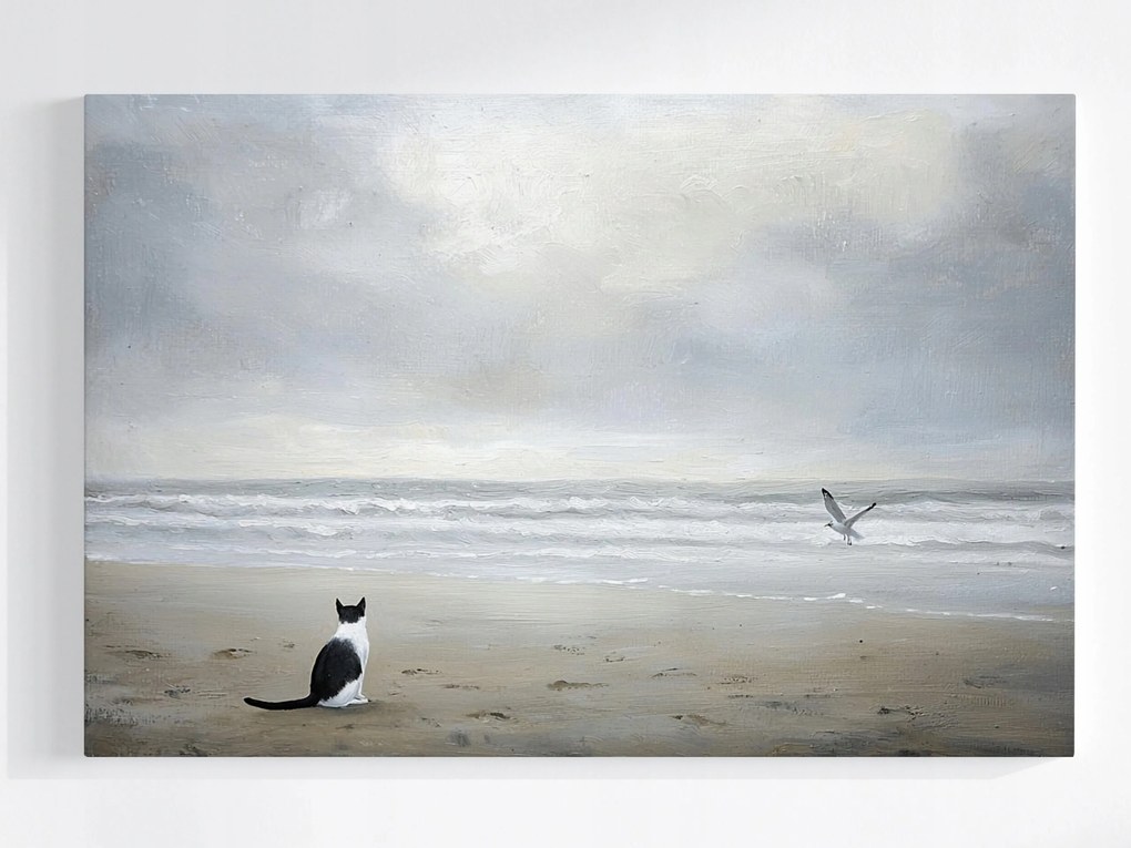 Poszter Tájkép Tenger Tengerpart Hullámok Macska Sirály Szürke 120x80