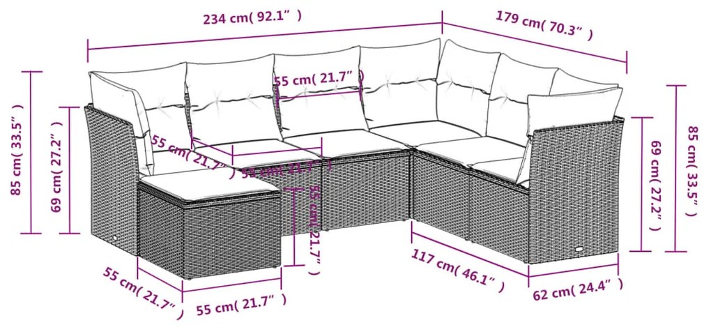 7 részes fekete polyrattan kerti ülőgarnitúra párnával