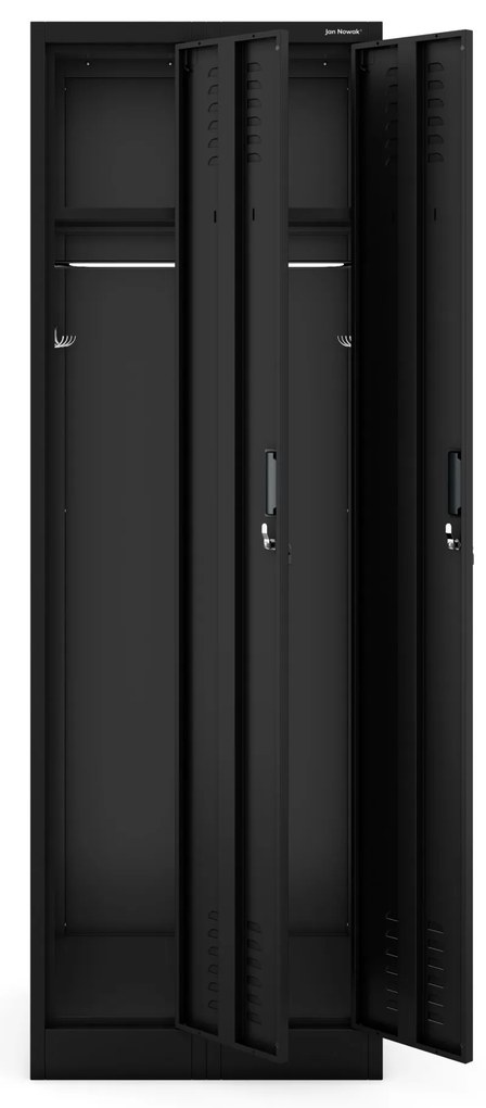 Pléh öltözőszekrény talpazaton, négymodulos, polcokkal KACPER II, 600 x 1800 x 500 mm, fekete