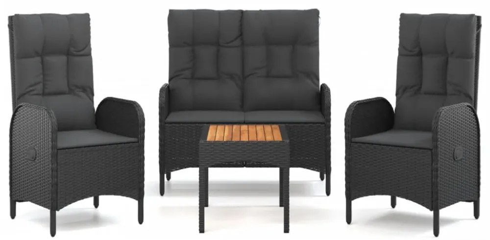vidaXL 4 részes fekete polyrattan kerti étkezőszett párnákkal