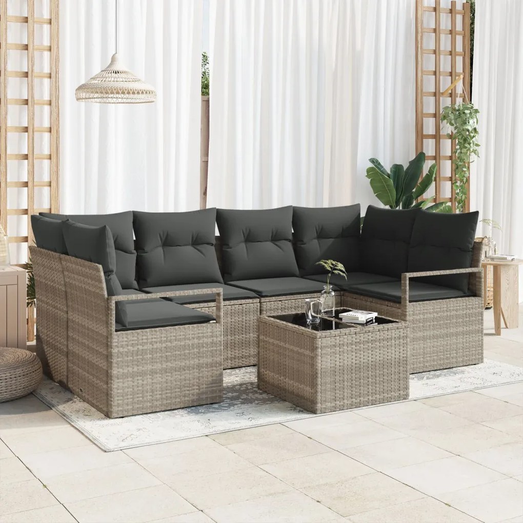 7 részes kerti kanapészett párnákkal világosszürke poli rattan, 2 üléses kerti kanapé párnákkal szürke poli rattan