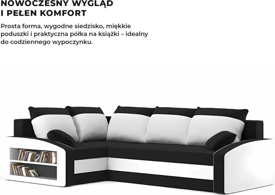 Grande sarokkanapé polcokkal , polc a bal karfaban, baloldali, szövet anyag, hab töltet, fekete - fehér