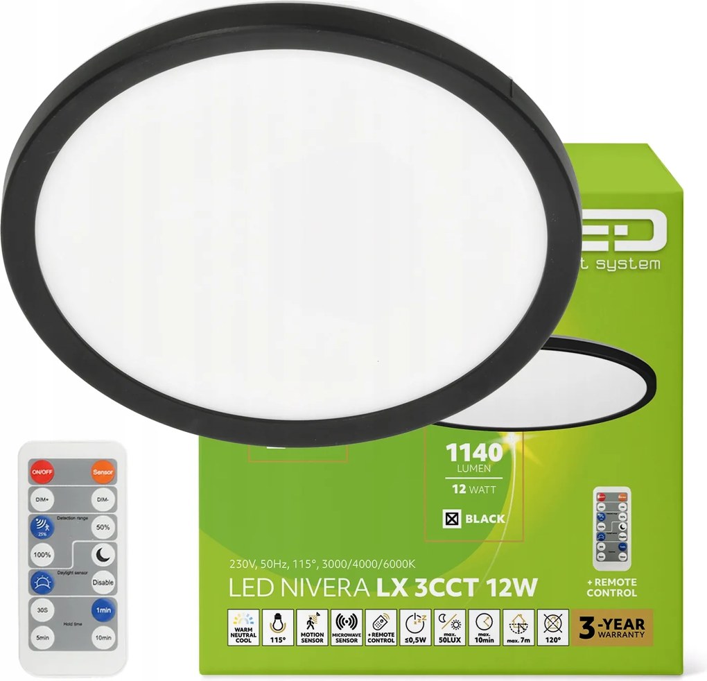 Mennyezeti lámpa Led plafon 12W IP54 3CCT Mozgásérzékelő Fekete