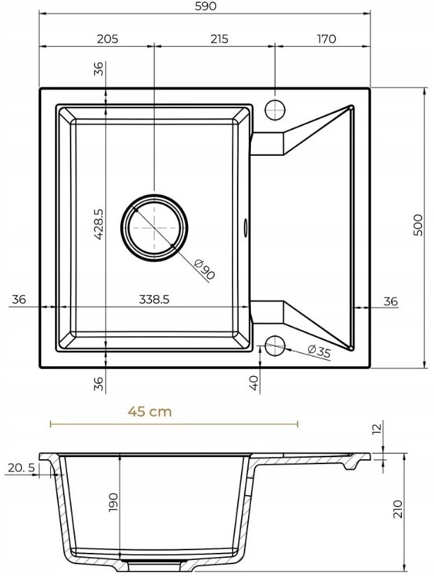 Mosogató Minőségi Obszidián, konyhai gránit mosogató 590x500x210 mm + fekete szifon, fekete foltos-Brocade, SKQ-OBS.B.1KKO.XB