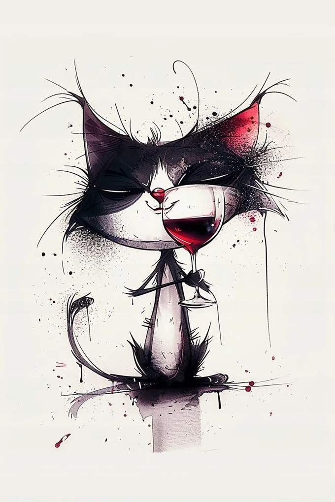 Vászonkép Canvas Grafika Macska Cica Macska Bor Pohár 80x120