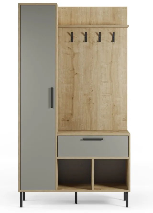 Zöld-natúr színű előszoba bútor tölgyfa dekorral 108x195x35 cm Heidy – Marckeric