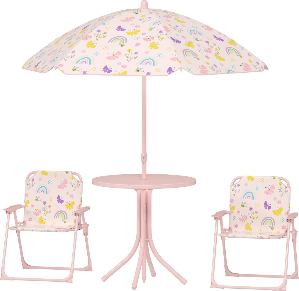 AIYAPLAY Gyermek Kert 4 Darabos Asztal és Szék Szett - Gyermek Asztal Hajtható Székekkel, Állítható Szivárvány Mintás Napernyővel | Aosom