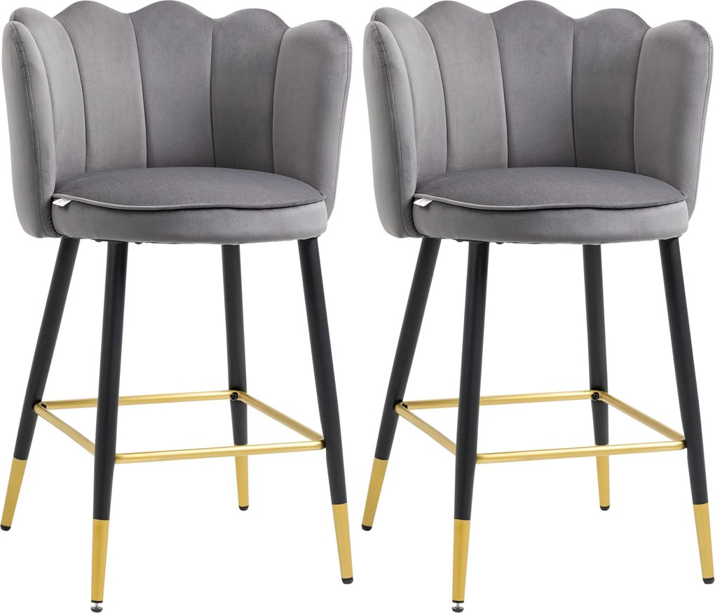 HOMCOM 2 db Bárszék Velúr Kárpitozással és Acél Alappal, 59x52x90cm, Sötétszürke | Aosom