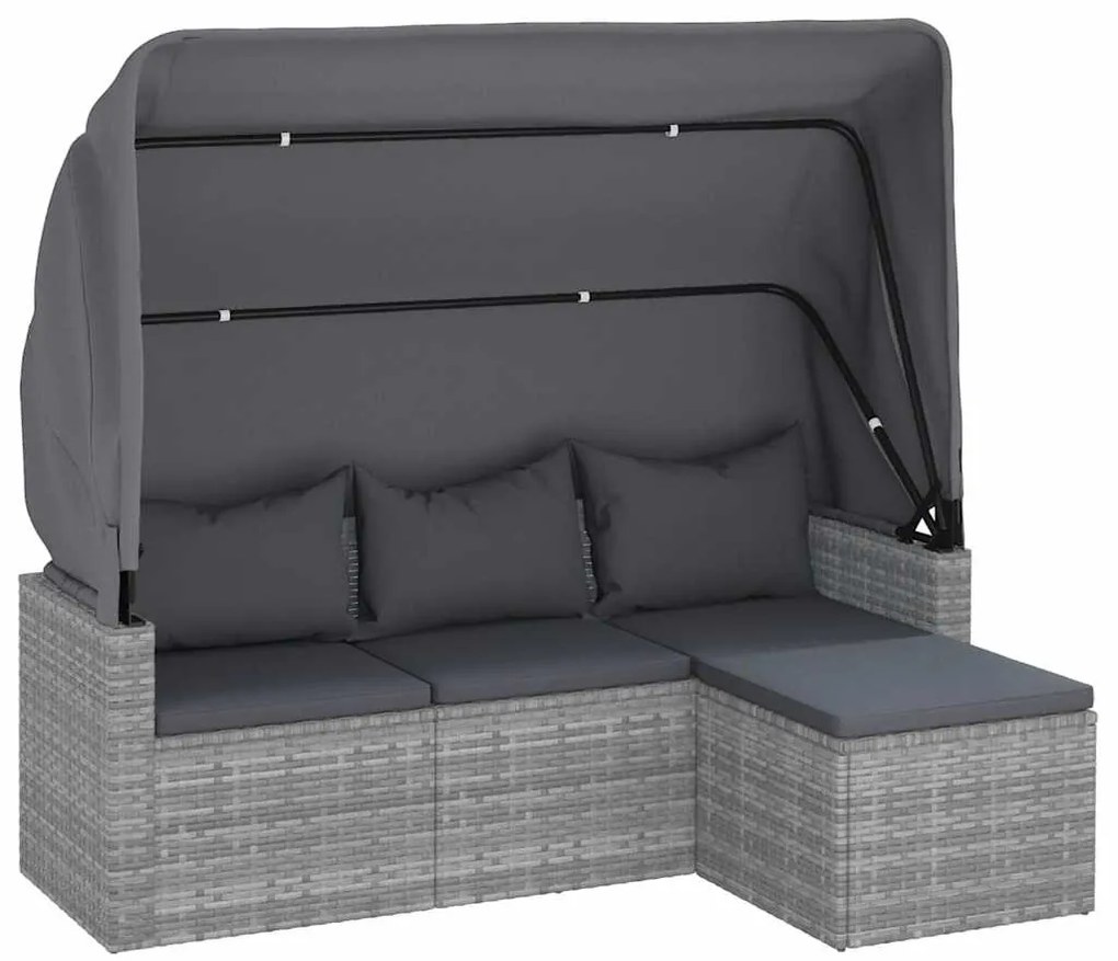 3-személyes szürke polyrattan kanapé tetővel és lábtartóval