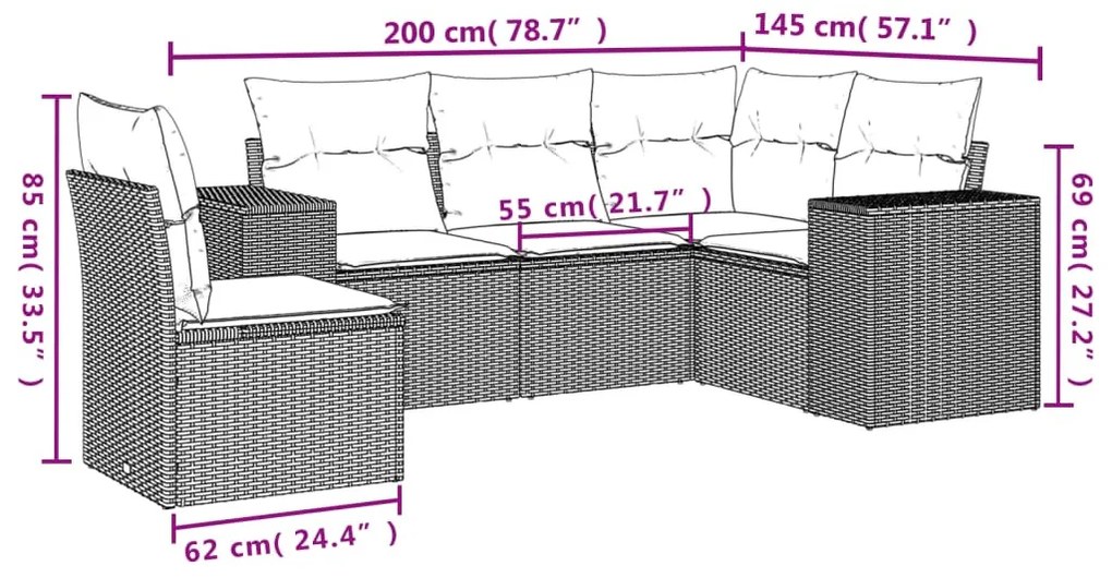 5 részes fekete polyrattan kerti kanapészett párnákkal