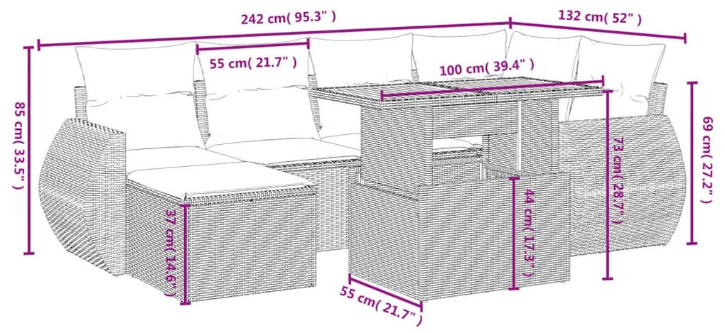 7 részes bézs polyrattan kerti ülőgarnitúra párnákkal