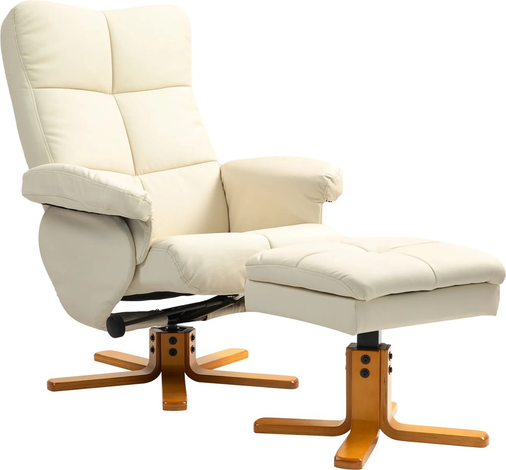 HOMCOM Fotel lábtartóval, tárolóhellyel, párnázott TV szék dönthető funkcióval, 360°-ban forgatható TV szék hálószobába, nappaliba, műbőr, krémfehér |
