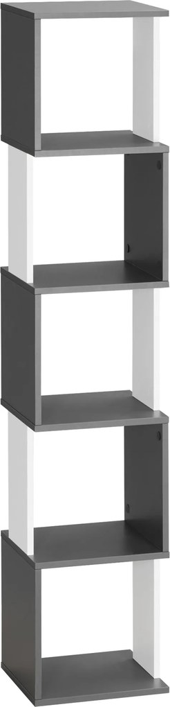 HOMCOM Modern 5 Polcos Fából Készült Könyvespolc, Függesztett Helytakarékos Könyvespolc Otthonra és Irodába, 33x28x161cm, Sötétszürke és Krémfehér | A